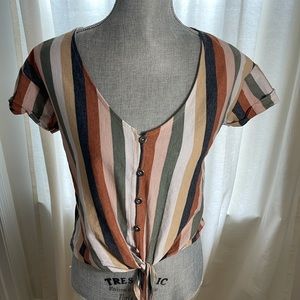 Button front tie detail striped tee shirt